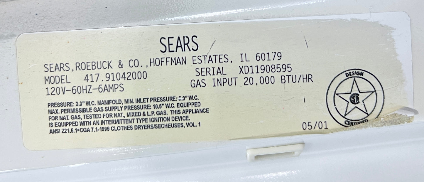 25 Inch Depth Sears Kenmore Gas Dryer , Stackable Front Load , 27 Inch Width / Wide , White , 444467