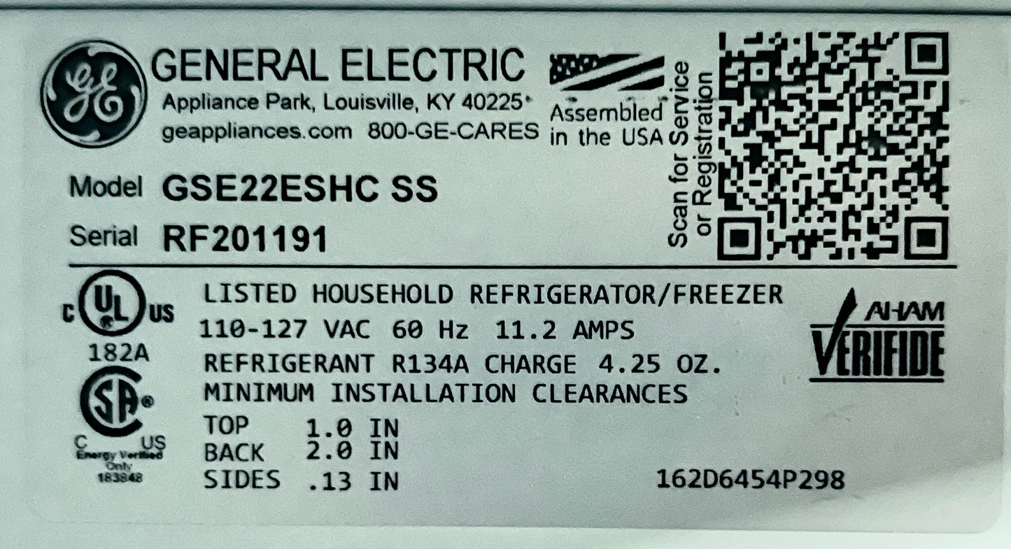 33 Inch GE Side by Side Refrigerator, GSE22ESHCSS 21.8 cu. ft., Water , Ice Maker , Stainless Steel , 444371