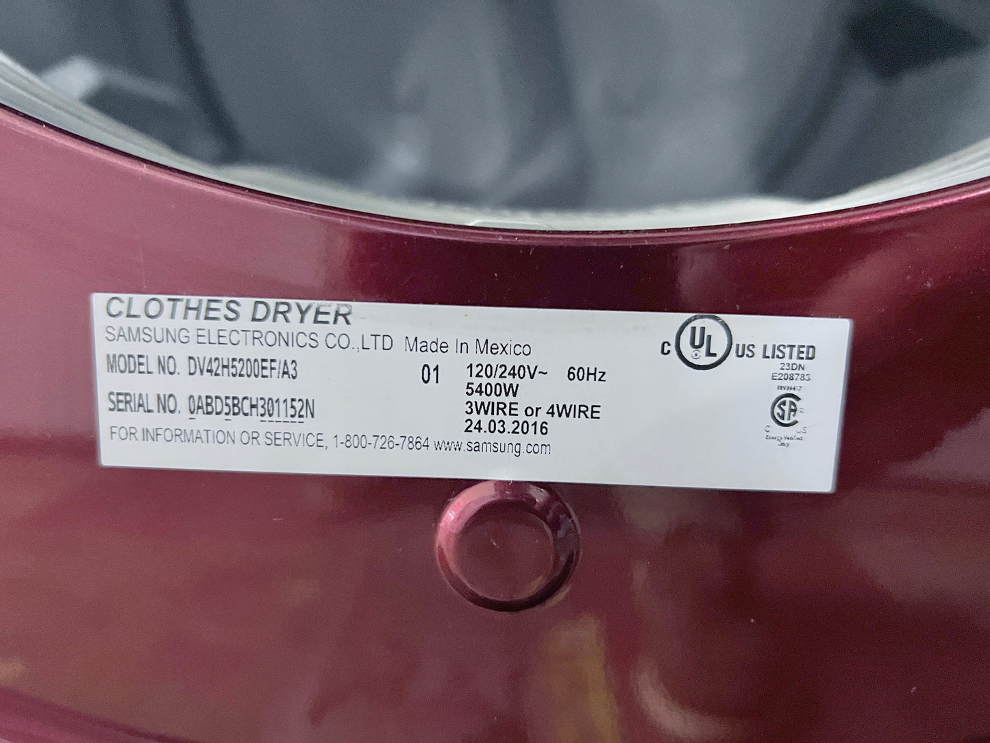 27 Inch Samsung 7.5 Cu ft Front Load Electric Dryer In Burgundy, DV42H5200EF/A3, 444376 ,
