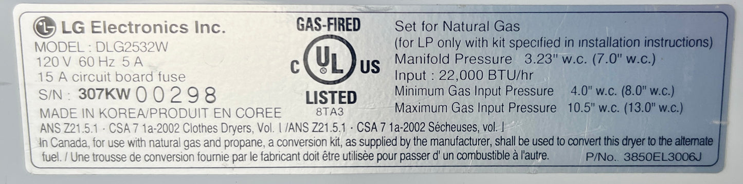 27 Inch LG Tromm White Front Load Gas Dryer Machine DLG2532W 7.3 Cu Ft Capacity , White , 373709