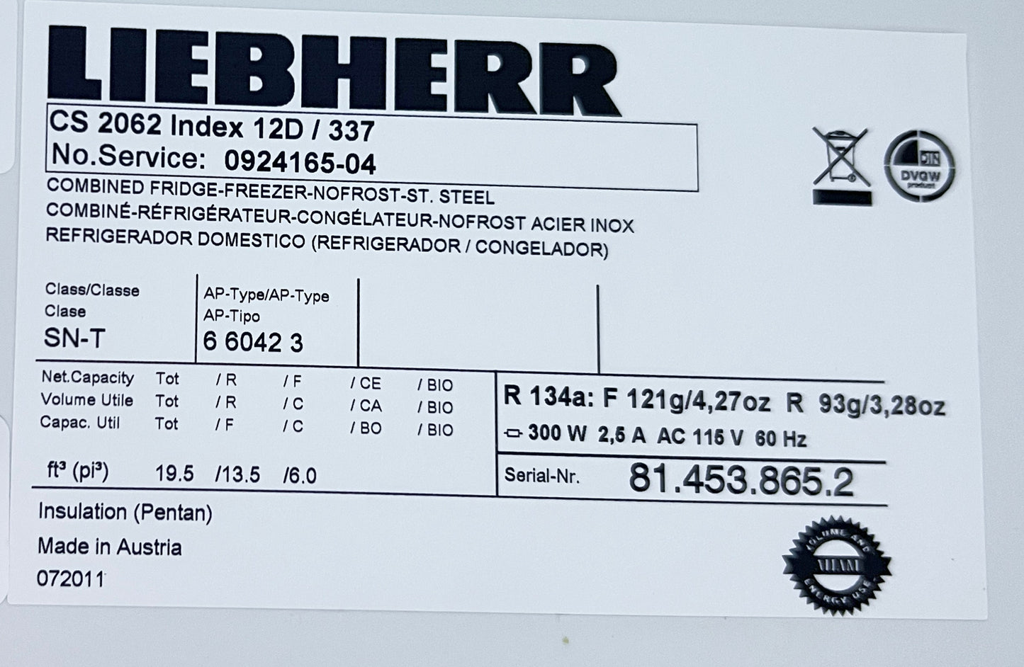 36 Inch Liebherr CS2062 Counter Depth 4-Door French Door Refrigerator 19.6 cu. ft., 2 Freezer Drawers, LED, Sabbath, Frost-Free, ENERGY STAR Automatic Ice Maker , 373734