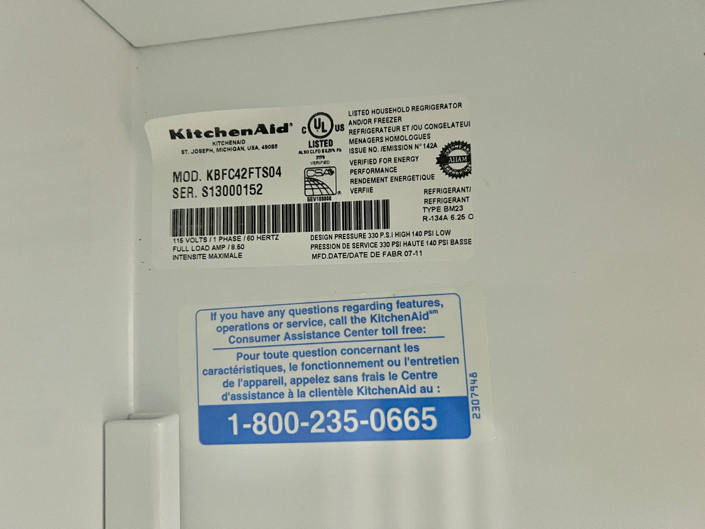 42 Inch Kitchenaid KBFC42FTS Built In French Door Refrigerator , Counter Depth , Glass Touch Electronic Controls, Ice Maker & Max Cool, Stainless Steel , 101281