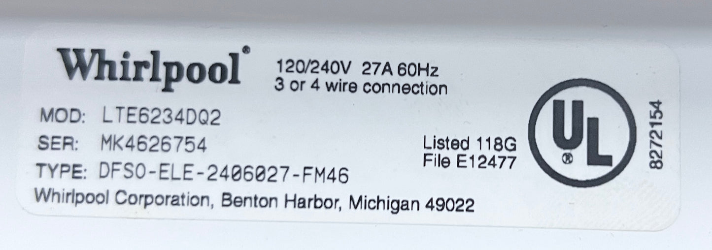 Whirlpool Electric 240V Laundry Center Washer Dryer Stackable , White , LTE5234DQ2 , White , 27 Inch , 373791