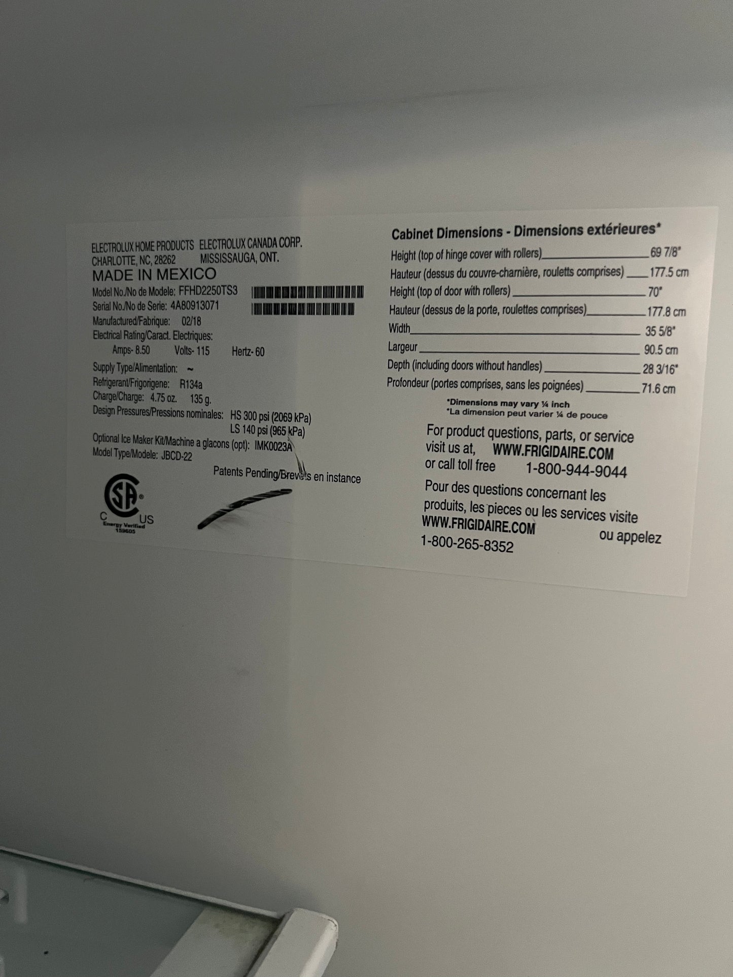 36 Inch Frigidaire French Door Counter Depth Refrigerator In Stainless Steel, FFHD2250TS3, 444277