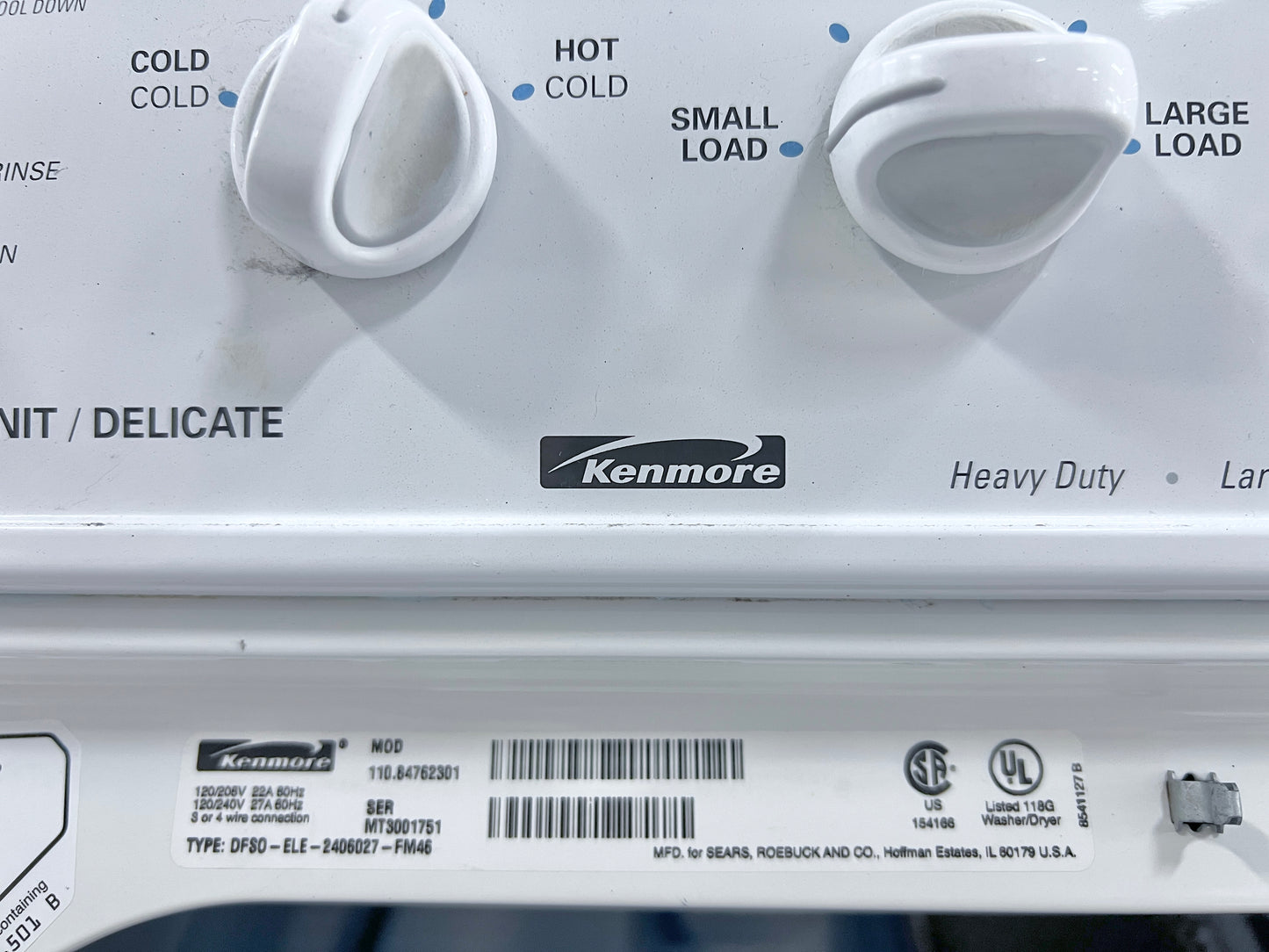 Kenmore Laundry Center 240V Washer Dryer Stackable , White , 373798
