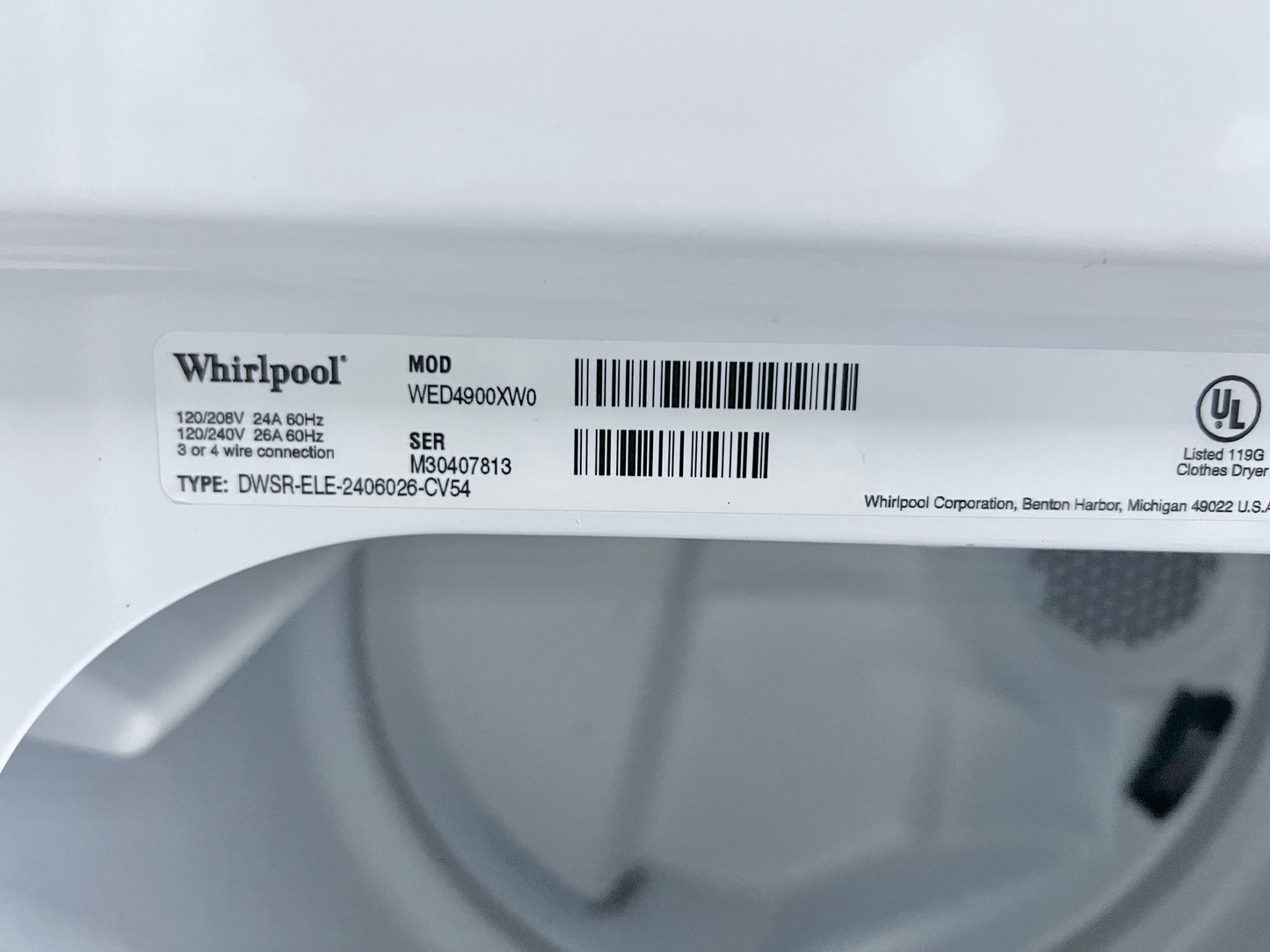 Whirlpool Front Load Electric Dryer Machine , White , WED4900XW , 444348