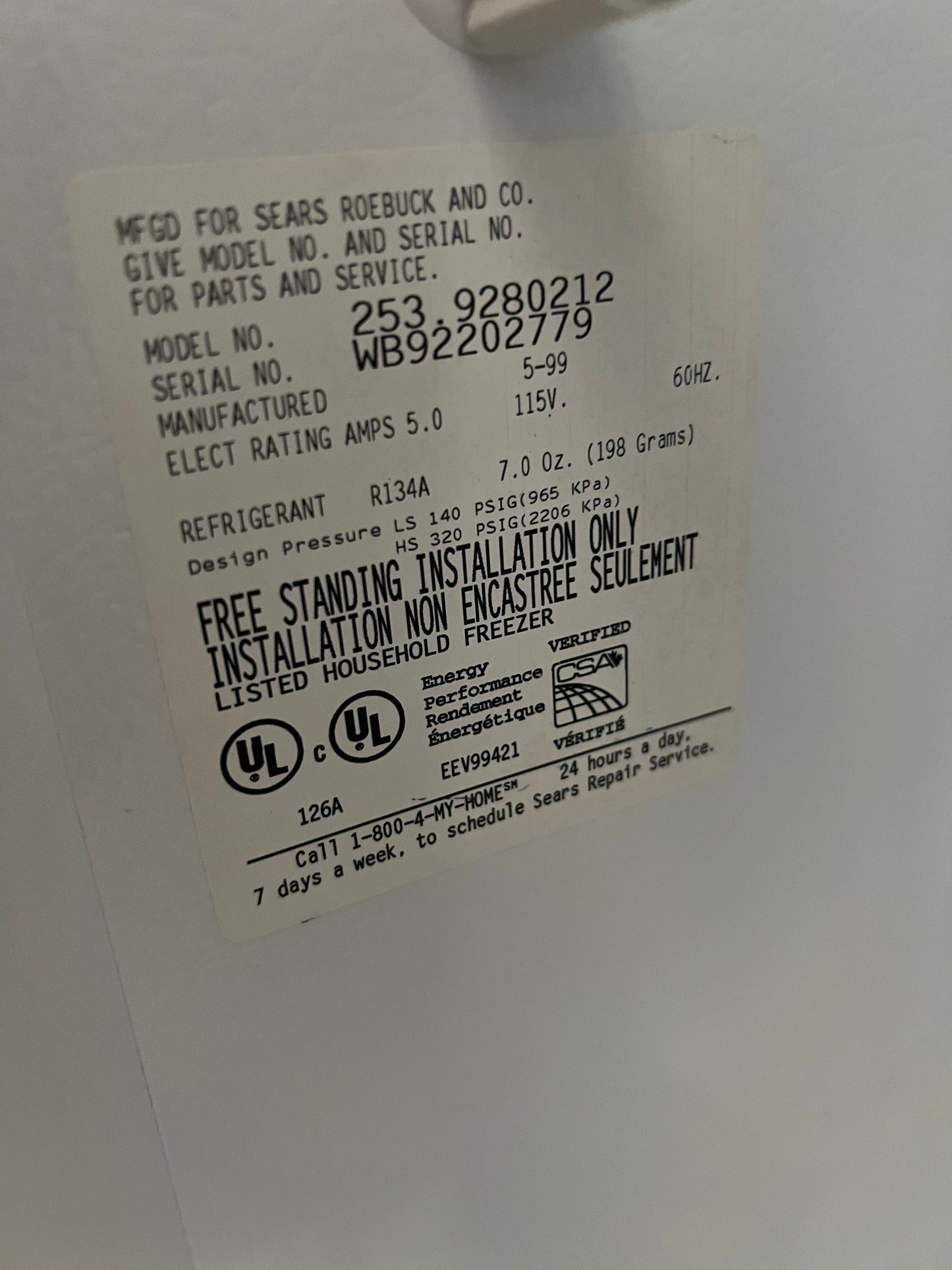 Kenmore Single Door Upright Freezer In White, 253.9280212, 444326