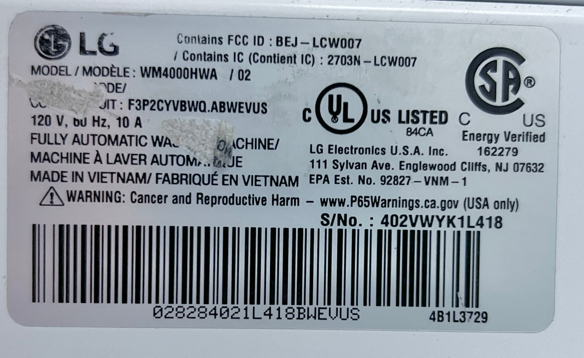 LG WM4000HWA Front Load Washer Machine , 4.5 Cu Ft , NSF , Energy Star Rated , Sanitary Allergiene , White , 373857