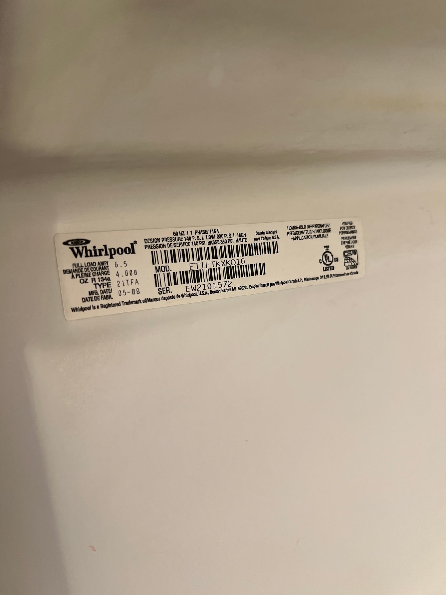 33 Inch Whirlpool ET1WTKXK 20.9 Cu. Ft. Top Freezer Bottom Refrigerator, White , 444114