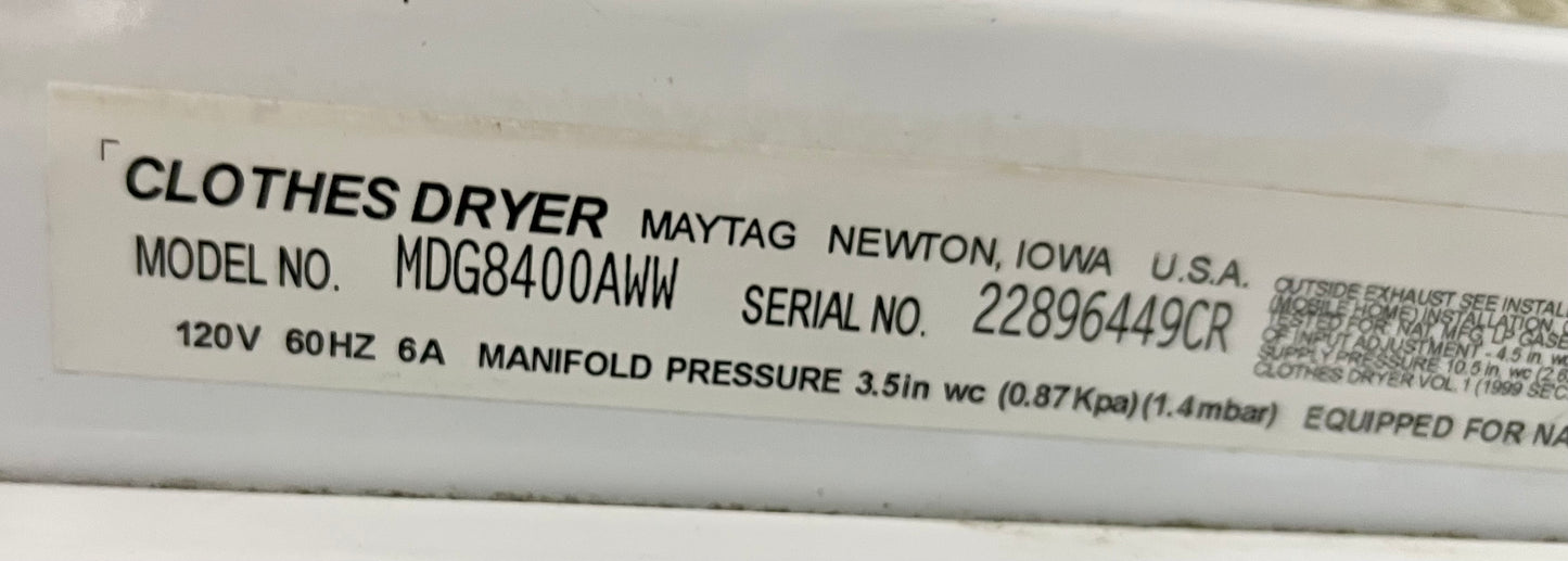 27 inch Maytag Atlantis MDG8400AWW Gas Dryer 6.0 Cu. Ft., 7 Dry Cycles and Infinite Temperature Settings: White , 444217