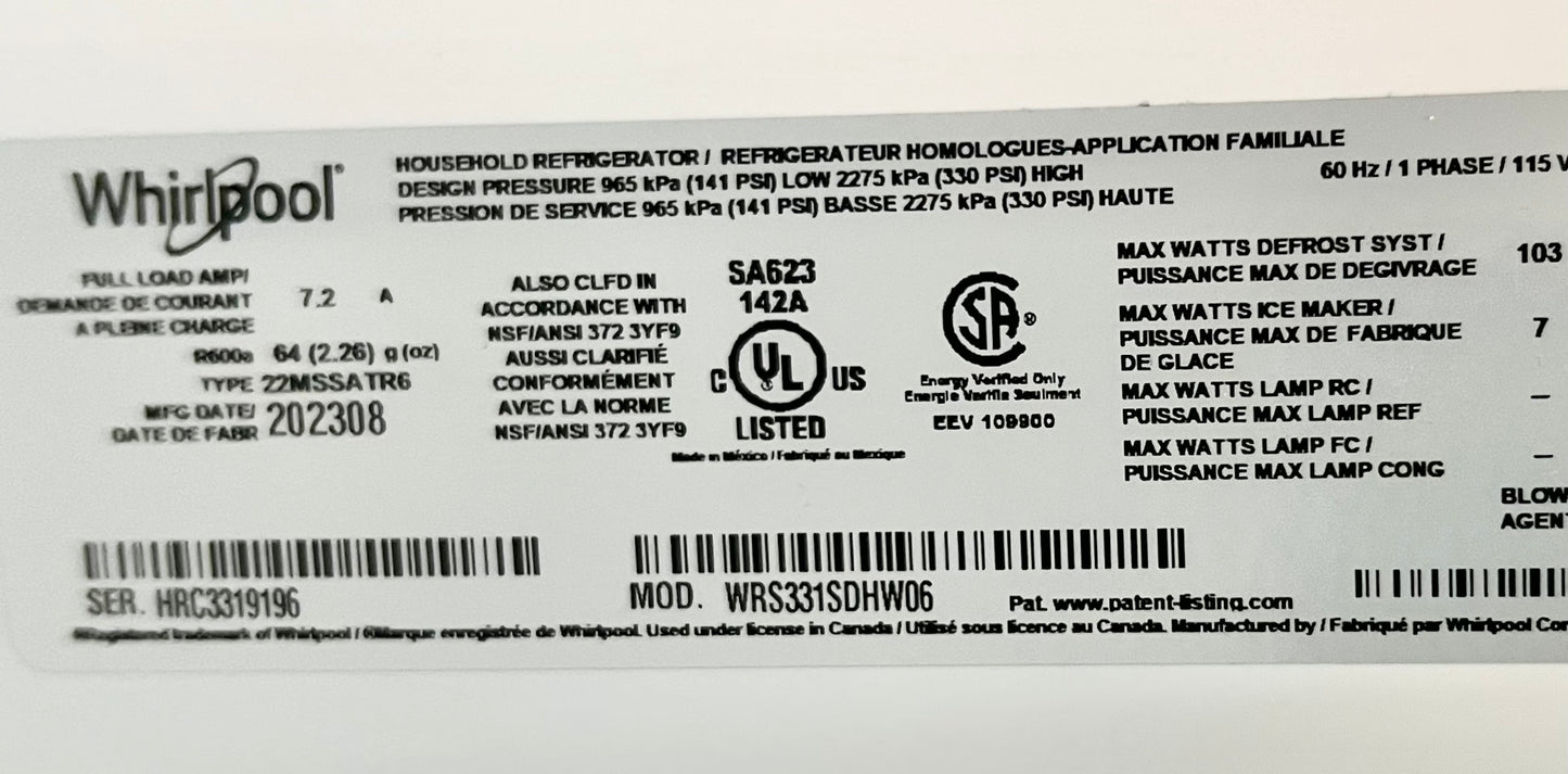33 INCH Whirlpool WRS331SDHW Side by Side Refrigerator * New Open Box * White , Water Ice Dispenser ,66 Inch Height