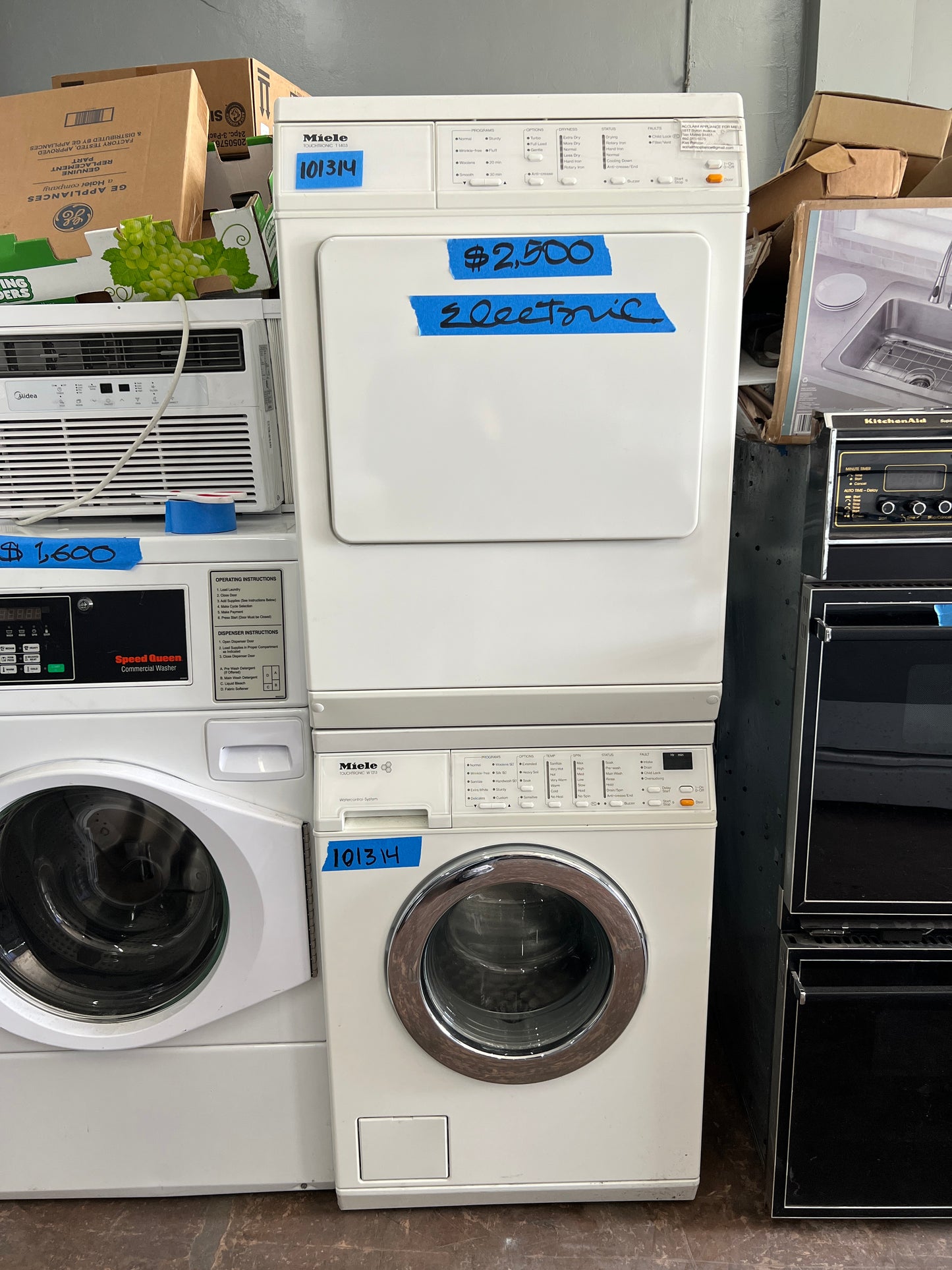 24 Inch Miele Washer and Dryer Set 220V White . W1213 and T1403, Front Load Machines , Super Capacity Electric Front Load Washer Stainless Steel Honeycomb Drum, LED Display , Miele T1403 Touchtronic Super Capacity Vented Dryer , 101314