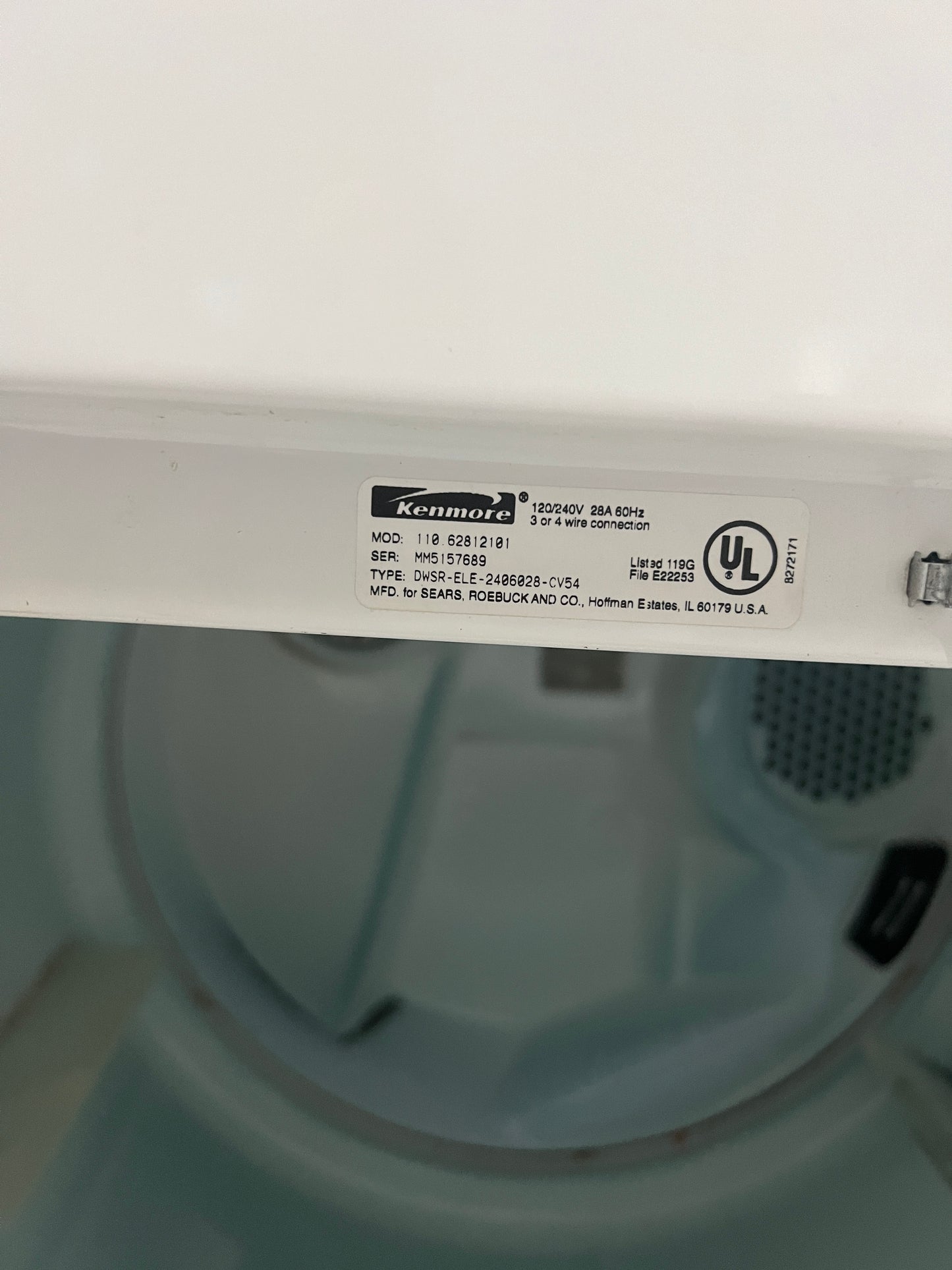 Kenmore 80 Series Electric Dryer in White 110.62812101, 101332