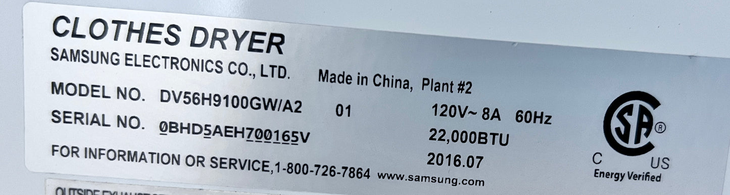 三星 DV56H9100GW 30 吋 9.5 立方。 ft. 瓦斯乾燥機 15 個乾燥循環,5 種溫度設置,蒸汽,通風感測器,消毒循環,防皺,智慧護理,乾燥架,感測器乾濕度感測器,白色,888327