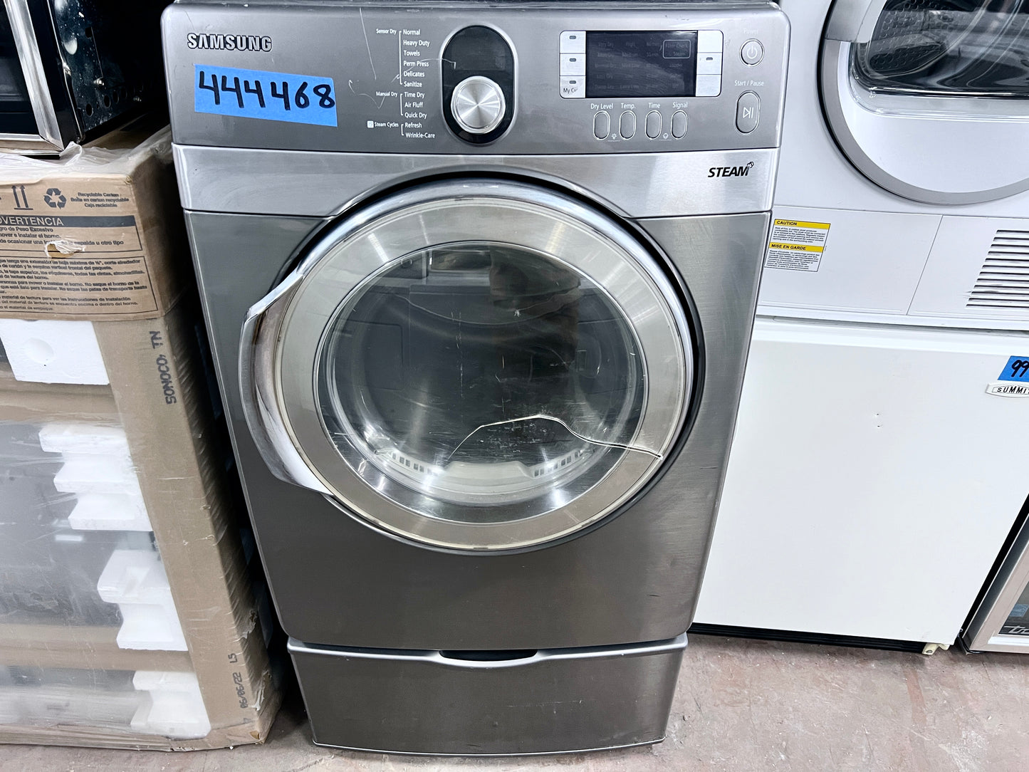 27 Inch Samsung DV448AEP Front Load Electric Dryer Machine with Pedestal Included , 7.4 cu. ft., 11 Dry Cycles Including Steam Refresh/WrinkleCare, 5 Options, 5 Temperature, Sensory Dry, LCD Display and Drying Rack: Stainless Platinum