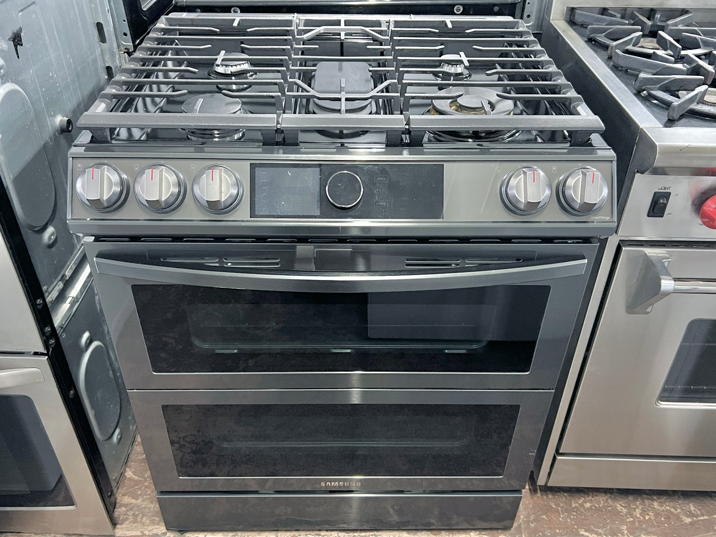 30 Inch Samsung NY63T8751SG Slide in Dual Fuel Smart Range 5 Sealed Burners, 6.3 Cu. Ft. Oven, Air Fry, Steam + Self Clean, Flex Duo, Wi-Fi, Voice Control, Sabbath, ETL Listed, Star-K ADA, Fingerprint Resistant Black Stainless Steel , 444388
