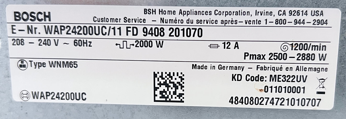 24 Inch Bosch Ascenta Series WAP24200UC Front Load Compact Washer 2.2 cu. ft., Raindrop Structured Stainless Steel Drum, Anti Vibration Circular Side Walls, 30 Min. Quick Wash , White Door , 444394