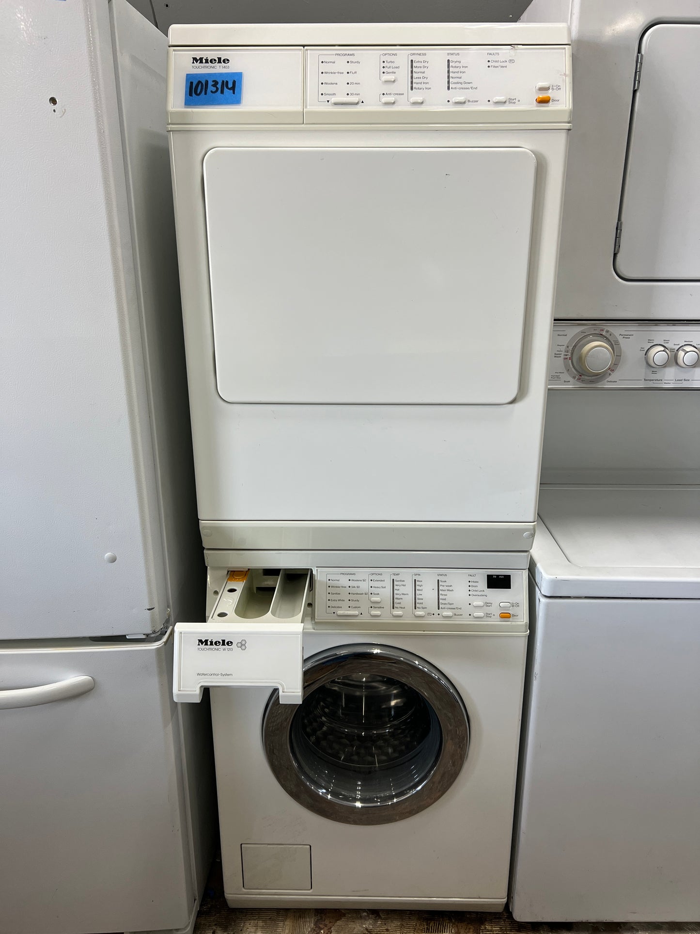 24 Inch Miele Washer and Dryer Set 220V White . W1213 and T1403, Front Load Machines , Super Capacity Electric Front Load Washer Stainless Steel Honeycomb Drum, LED Display , Miele T1403 Touchtronic Super Capacity Vented Dryer , 101314