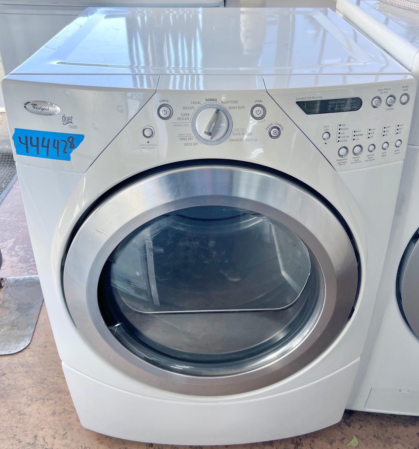 27 Inch Whirlpool Duet Steam WED9500TW Electric Steam Dryer 7.0 cu. ft. Capacity, 10 Cycles, 5 Temperature Options, Steam Technology, Quick Refresh Cycle Enhanced Touch-Up Cycle, White , Brushed Chrome Accents , 444428