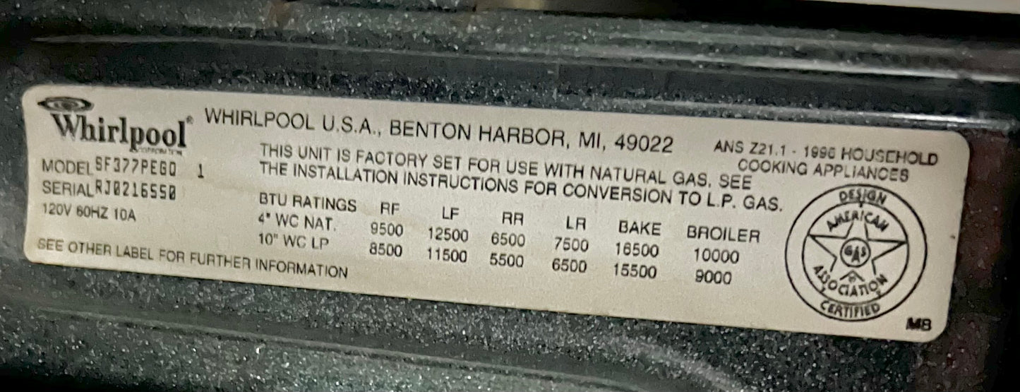 30 INCH Whirlpool Gas Range 4 Burner , Bake Broil Self Clean Oven , White , used Condition , SF377PEGO , 444251