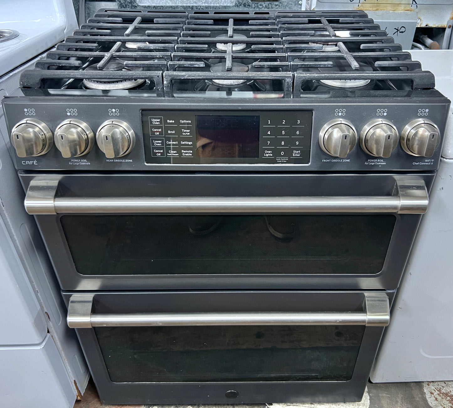 GE Cafe Series 30 Inch CGS995EELDS Slide In 6 Burner Gas Range , Double Oven, WiFi Connect, Tri-Ring Burner, Oven Meat Probe, Cast Iron Griddle, Convection, Chef Connect, Star-K, ADA and 6.7 cu. ft. Black Slate , 444460