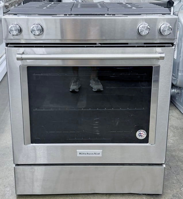 30 Inch KitchenAid KSDG950ESS Downdraft Slide In Dual Fuel Gas Range , 4 Sealed Burners, 17,000 BTU, 6.4 cu. ft. Convection Oven, Built-in Downdraft Ventilation Glass Touch Controls , Stainless Steel , New Open Box , 222100