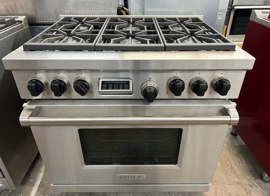 Wolf 36 Inch 6 Burner Dual Fuel Gas Range,DF366 Convection Oven Stainless Steel 369133