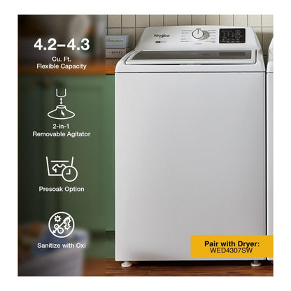 Whirlpool Top Load Washer WTW4307SW , 4.3 Cu Ft 27 Inch , New 2 in 1 Removable Agitator  and Soft Close Glass Lid , 999018