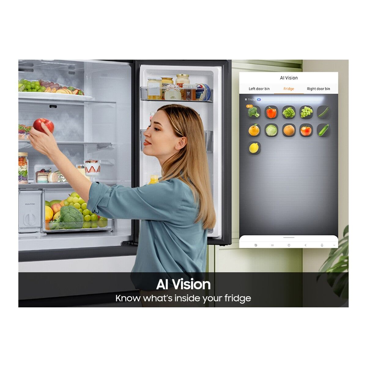 Samsung RF90F23EECR Family Hub Refrigerator 4 Door French Style Stainless Steel 23 Cu Ft Counter Depth AI Vision Beverage Center Charcoal Glass , 111019