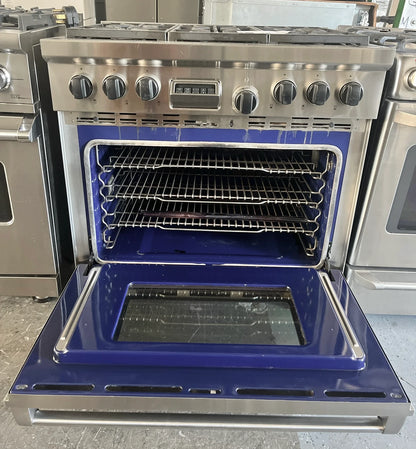 Wolf 36 Inch Dual Fuel Range,DF366,5.4 Cu Ft. Dual Convection Oven,6 Dual-Stacked Sealed Burners,Temperature Probe,Continuous Grates,Piboting Hidden Touch Controls,Star-K,Natural,Gas,Stainless Steel,Used,369417