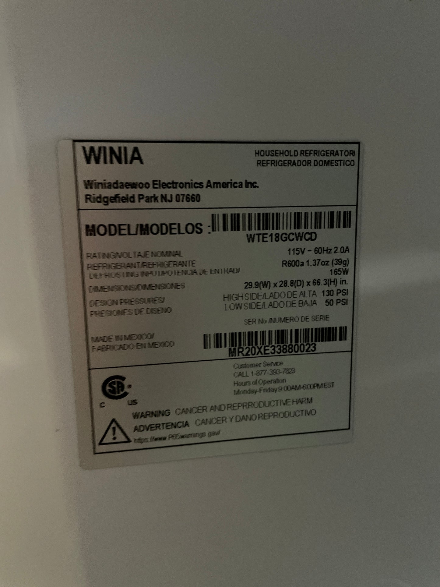 Winia 30 Top Freezer Refrigerator In White, WTE18GCWCD, 999754