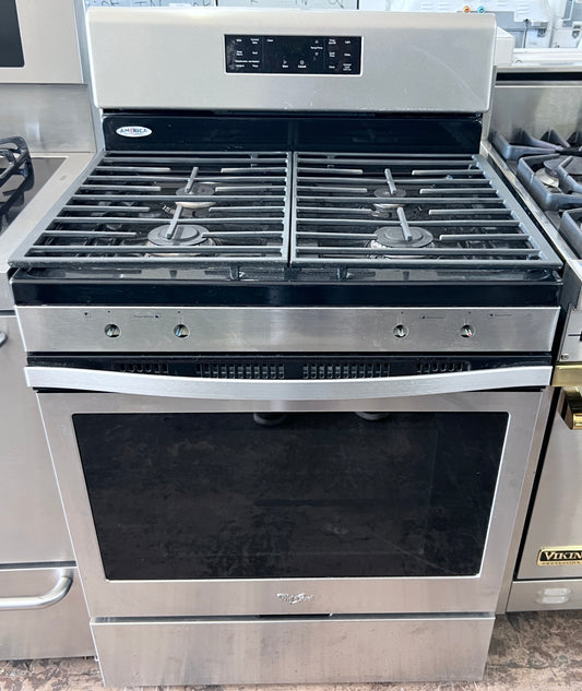 30 Inch Whirlpool  WFG520S0FS 30 Inch Freestanding Gas Range 5.0 cu. ft., 4 Burners, Dishwasher Safe Edge-to-Edge Cooktop Grates, 15,000 BTU Power Burner, Accu Simmer, Fan Convection, Frozen Bake, Self-Clean Star-K Sabbath , 444490