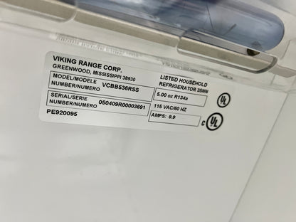 Viking 5 Series 36 Inch Built In Bottom Freezer Refrigerator,VCBB5363ERSS,Air Purifier,2 Deli Drawers,Spillproof Glass Shlevesm2 Humidity Zones,Aluminum Door Bins,20.4 Cu. Ft. Capacity,Right Hinge Door Swing,Stainless Steel 444159