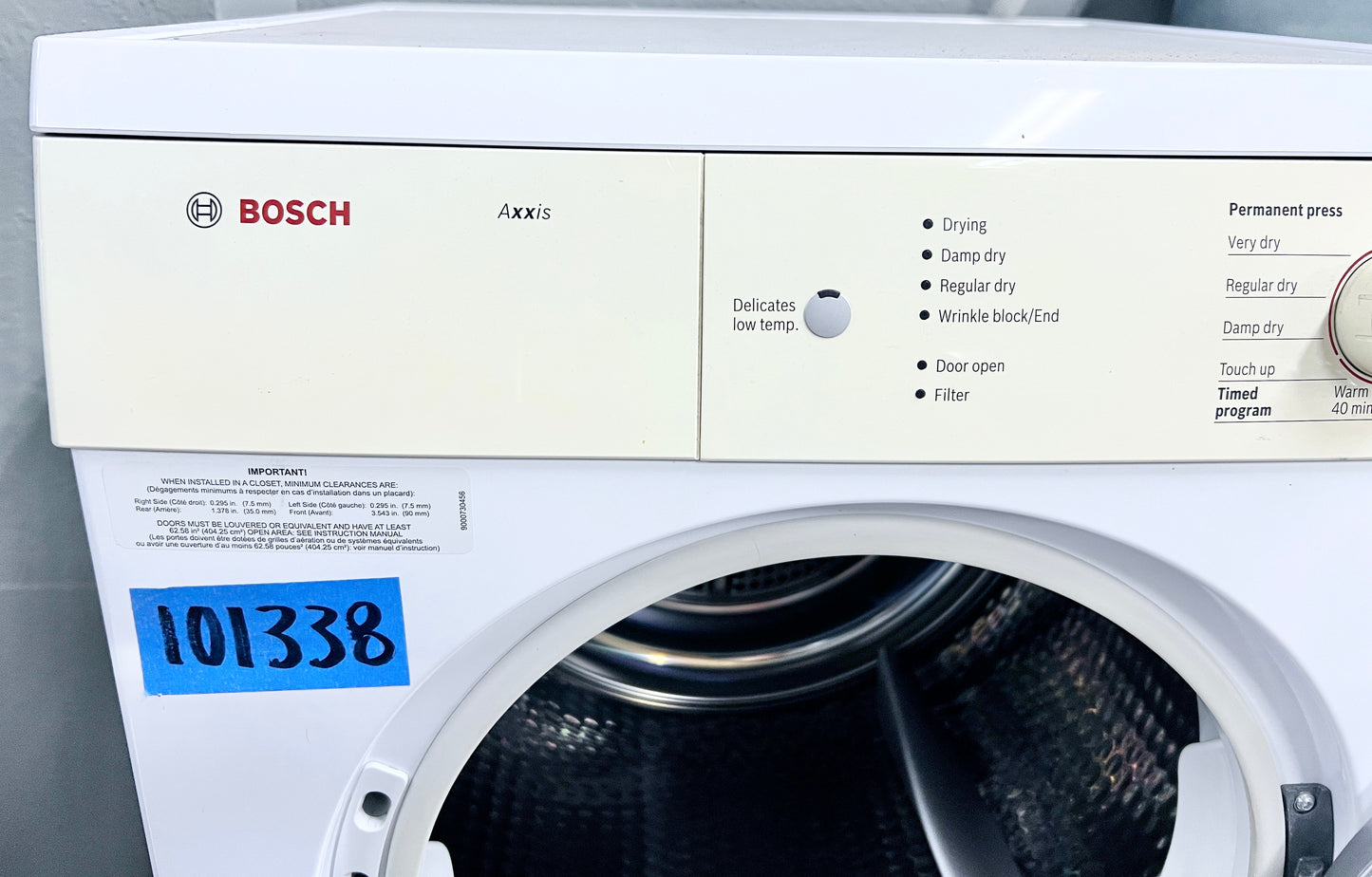 24 Inch Bosch  WTV76100US Front Load Electric Dryer 3.9 cu. ft. Stackable , Vented , Axxis Series , 101338