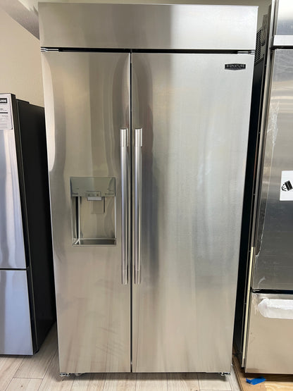 Signature Kitchen Suite SKSSB4202S  42 Inch Built In Side By Side Stainless Steel Refrigerator  25.6 Cu. Ft. Energy Star , External Ice Dispenser LED Lights, New Open Box