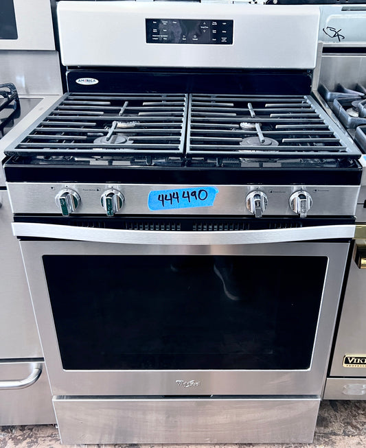 30 Inch Whirlpool  WFG520S0FS 30 Inch Freestanding Gas Range 5.0 cu. ft., 4 Burners, Dishwasher Safe Edge-to-Edge Cooktop Grates, 15,000 BTU Power Burner, Accu Simmer, Fan Convection, Frozen Bake, Self-Clean Star-K Sabbath , 444490