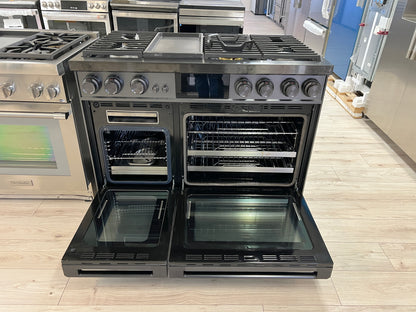 Dacor Contemporary  DOP48M96DLM 48 Inch Freestanding Professional Dual Fuel Smart Gas Range , 6 Sealed Burners, Double Oven, 6.6 Cu. Ft. Total Capacity, Steam,  Dual Stack Burners, Electric Griddle, Graphite Stainless Steel, Natural Gas