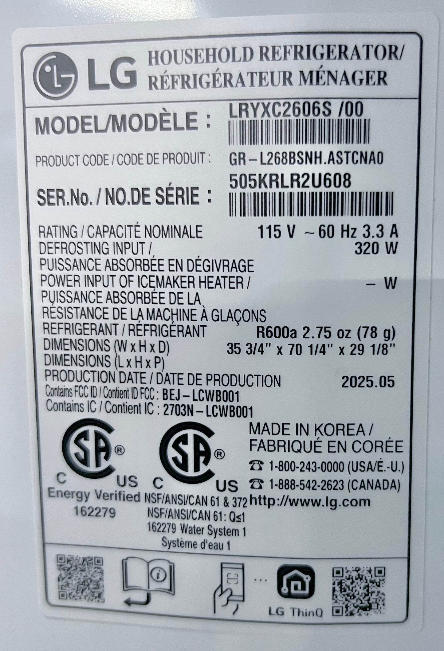 36 Inch LG  LRYXC2606S Counter Depth MAX French Door Refrigerator 26 Cu. Ft.,  Wi-Fi, Smart Diagnosis, 3 Built-in Ice Maker, UVnano Dispenser, ENERGY STAR, ADA ,PrintProof Stainless Steel , 373719