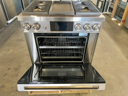 Dacor Contemporary  DOP36M94DLS 36 Inch Freestanding Professional Dual Fuel Gas Range , 4 Sealed Burners, 4.8 Cu. Ft. Oven, Steam Clean, Self Clean, Illumina Knobs, iQ Kitchen App, WiFi, Griddle, Stainless Steel