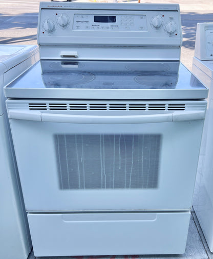 30 Inch Kitchenaid Electric Freestanding Glasstop Range KERC507EWH with Convection Oven , White , 373740
