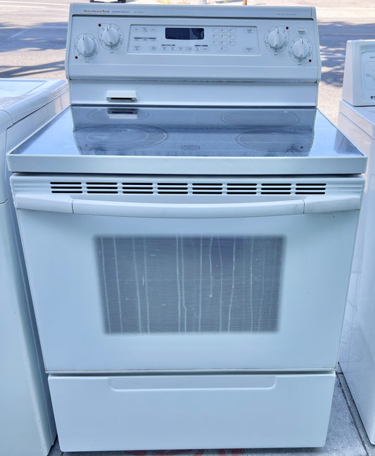 30 Inch Kitchenaid Electric Freestanding Glasstop Range KERC507EWH with Convection Oven , White , 373740