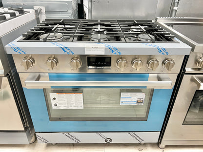 Bosch 800 Series  HDS8655U 36 Inch Freestanding Dual Fuel Range 6 Sealed Burners, 3.7 cu. ft. Oven, European Convection, Dampened Hinges, Double Ring Burner