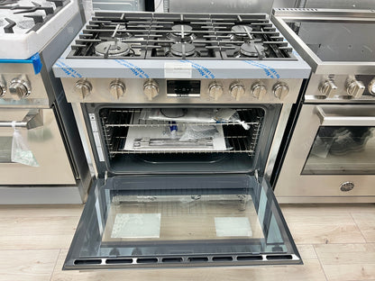 Bosch 800 Series  HDS8655U 36 Inch Freestanding Dual Fuel Range 6 Sealed Burners, 3.7 cu. ft. Oven, European Convection, Dampened Hinges, Double Ring Burner