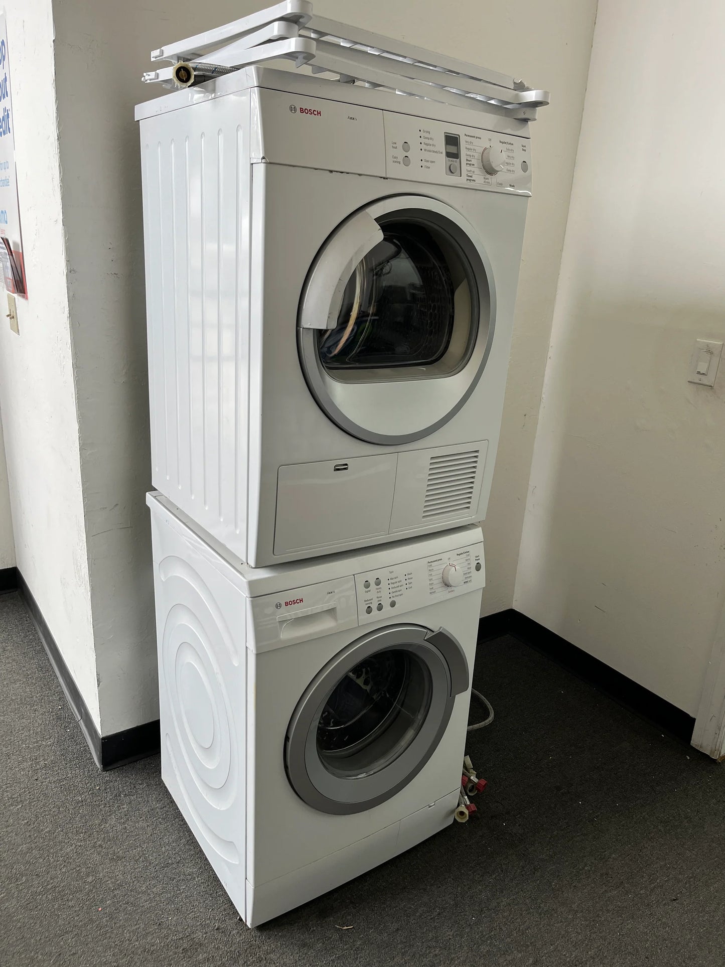 Bosch Axxis WAS20160UC 24 Inch Front-Load Washer 2.2 cu. ft., 15 Wash Programs, Touch Controls 1,000 RPM Spin Speed, Bosch Axxis WTE86300US 24 Inch Ventless Electric Dryer with 3.9 cu. ft., 11 Drying Cycles, 4 Drying Options, LED Anticrease , 369296