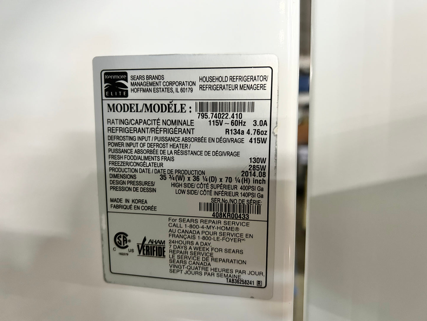 Kenmore Elite 36 Inch French Door Full Size White Refrigerator , Bottom Freezer Refrigerator , 3-Door, Used , Model 795.74022.410 , 74022 , 888632