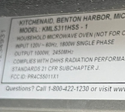 KitchenAid KMLS311HSS 30 Inch Over The Range Slim Microwave 1.1 cu. ft., 1,000 Watt Cooking Power, 4-Speed/500 CFM Motor, Sensor Cooking, Quick Start, Control Lock, LED Task Lights, 90 Degree Hinge, Recessed Turntable, Stainless Steel , 369357