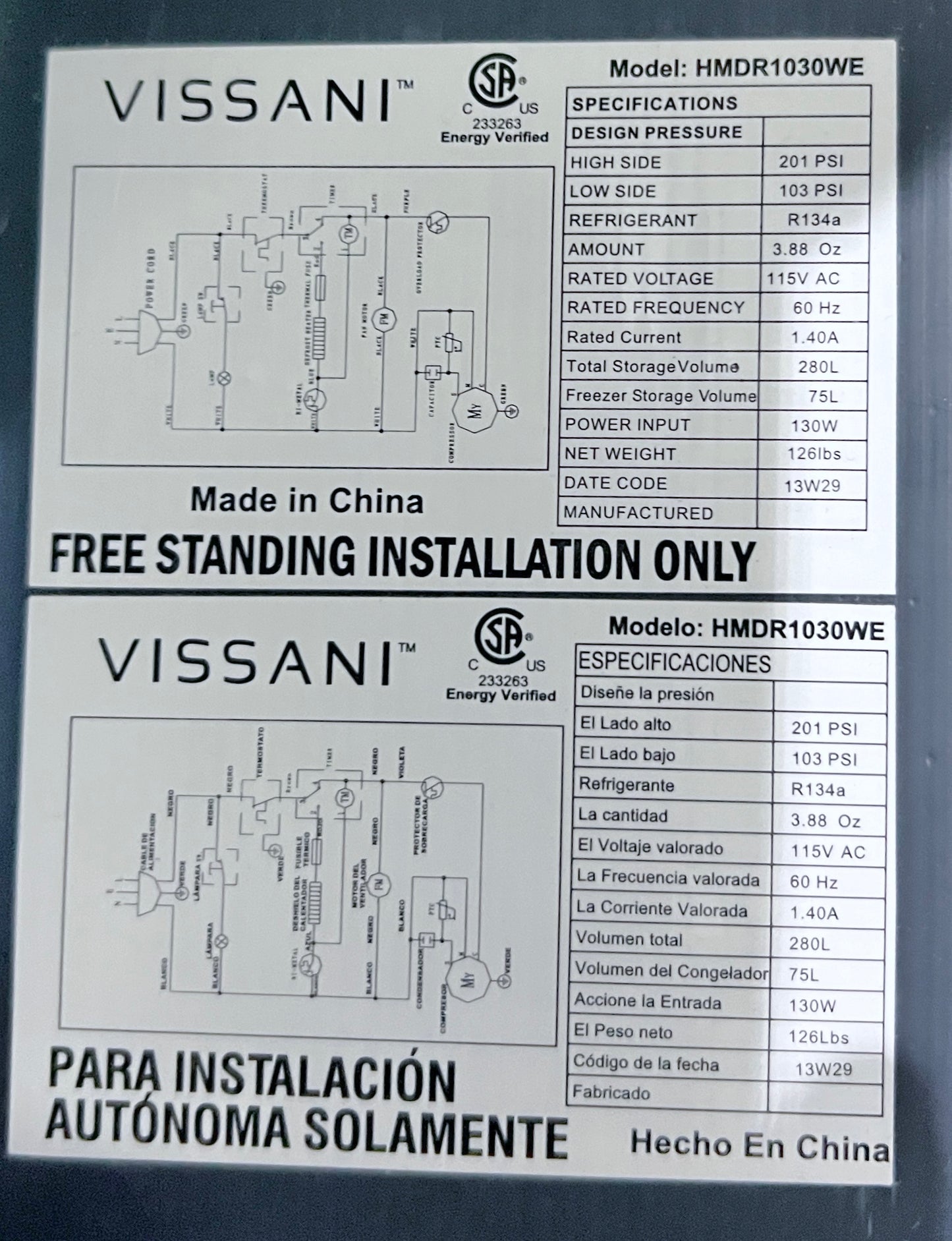 24 Inch Vissani HMDR1030WE , Top Freezer Bottom Refrigerator , Compact , White , 373750