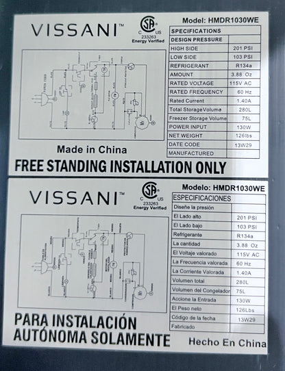 24 Inch Vissani HMDR1030WE , Top Freezer Bottom Refrigerator , Compact , White , 373750