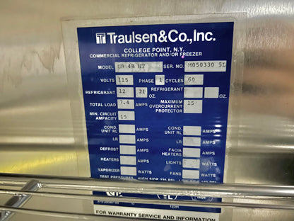 48 Inch TRAULSEN UR48HT M050330 Reach in R12 Refrigerator Commercial Refrigerator or Freezer Stainless Steel Solid 4 Doors with Defogger On Off Switch 444269