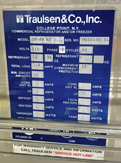 48 Inch TRAULSEN UR48HT M050330 Reach in R12 Refrigerator Commercial Refrigerator or Freezer Stainless Steel Solid 4 Doors with Defogger On Off Switch 444269